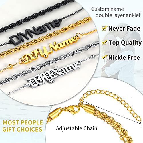 ChainsHouse Double Layer Anklet Bracelet for Women,Adjustable Chain Anklets Stackable Dainty Anklets,Stainless Steel/Gold Plated/Black Ankle Jewelry Gifts - color: B-Gold Plated-Rope Chain