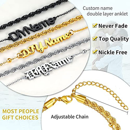 ChainsHouse Double Layer Anklet Bracelet for Women,Adjustable Chain Anklets Stackable Dainty Anklets,Stainless Steel/Gold Plated/Black Ankle Jewelry Gifts - color: B-Gold Plated-Rope Chain