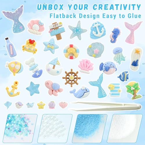 RidaaFri Junk Case Charms Kit, Blue Ocean Beach Themed 3D Flatback Charm | Large Charms with Pearls Sequins Cute Starfish Turtles Mermaids Charms for DIY Craft Accessories Personalization - color: Blue