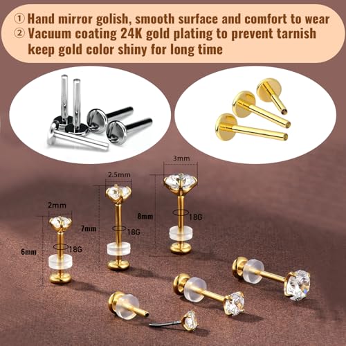 20G Flat Back Earrings Studs 18G Nose Rings 24K Gold Plating 3 Pairs Titanium Threadless 16G Cartilage Earrings for Women Men Tragus Conch Helix Medusa Lip Piercing Jewelry - color: gold clear cz, size: 18G
