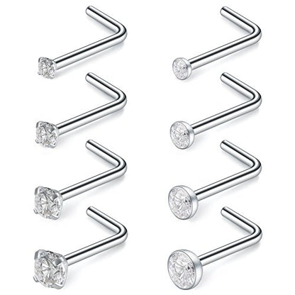 SCERRING 18G Stainless Steel L-Shaped Nose Stud Rings Tragus Lip Hoop Piercing Jewelry 1.5-3mm Clear CZ 8-30PCS - color: 8PCS - Silver