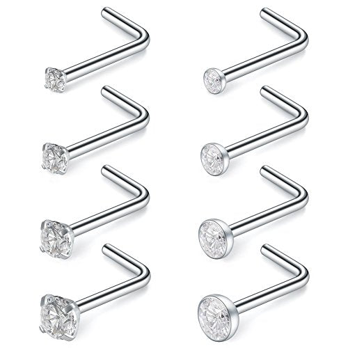 SCERRING 18G Stainless Steel L-Shaped Nose Stud Rings Tragus Lip Hoop Piercing Jewelry 1.5-3mm Clear CZ 8-30PCS - color: 8PCS - Silver