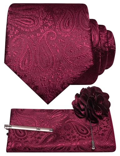 JEMYGINS Mens Paisley Tie and Lapel Pin Necktie Pocket Square and Tie Clip with Sets for Business Casual 4PCS - color: Burgundy