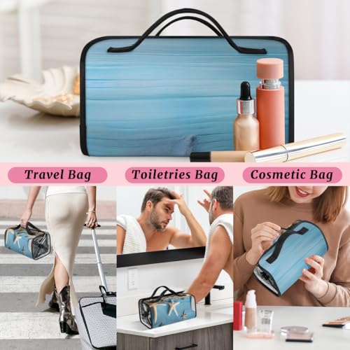 Blue Ocean Starfish Seashell Hanging Roll Up Cosmetic Bag with 4 Removable Storage Bags Waterproof Foldable Toiletry Kit for Women - color: Multicolor 4
