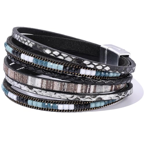 Boho Leather Wrap Bracelets Beaded Stackable Cuff Bracelet Country Concert Outfits Cowboy Cowgirl Western Jewelry Gifts for Women - color: 2layer-Black