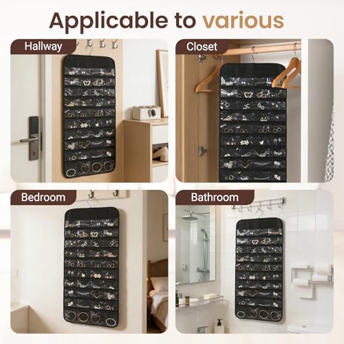 Black Hanging Jewelry Organizer, 80 Pockets Double-Sided, Wall Door Closet Storage for Earrings Necklaces Rings
