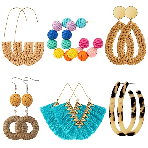 Ponpon 6-18 Pairs Earrings for Women, Lightweight Summer Earrings Straw Earrings Fashion Geometric Statement Hoop Dangle Drop Earrings for Women - style: Style B - 6 Pairs