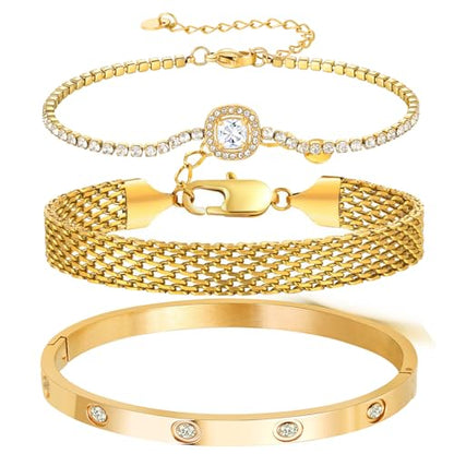 18K Gold Plated Bangle Bracelet Set for women,Cubic Zirconia Classic Stainless Steel Adjustable Gold Tennis Love Bracelets Stack for women and men - color: Stone Love Set