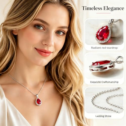 VONSSY Classic Oval Pendant Gemstone Necklace | Crystal Ruby Sapphire Waterdrop Birthstone Teardrop Emerald Necklace | 18K Platinum Gold Plated Chain | Jewelry Gift for Mother Wife Girlfriend - color: NL-Red-Platinunm