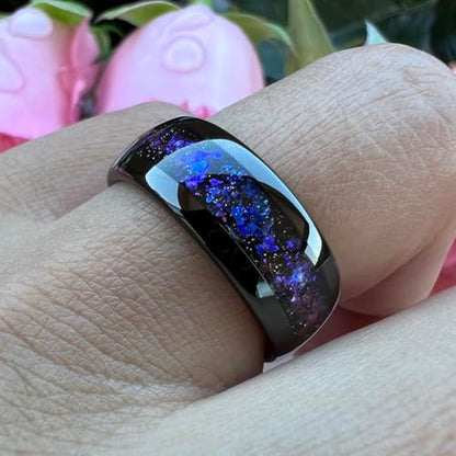 TUTISS 8mm Silver/Black/Gunmetal Tungsten Rings for Men Women Orion Nebula Opal Galaxy Fragment Inlay Fashion Jewelry Engagement Wedding Promise Band Polished Shiny Comfort Fit - color: 8mm Black Tungsten