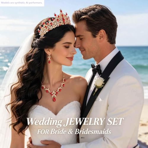 Kamirola Tiaras and Crowns for Women,Tiaras Earrings Necklace, Crystal Bridal Jewelry Set, Costume Jewelry for Women Party Halloween Prom Pageant - color: GOLD RED