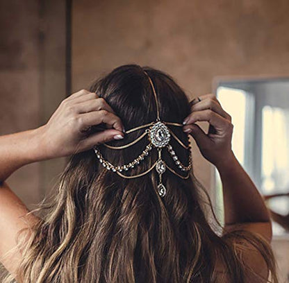 DoubleNine Bohemian Head Chain Bridal Wedding Headpiece Rhinestone Teardrop Headband Crystal Hair Accessories Headpiece Goddess Head Dress for Women (gold) - color: gold