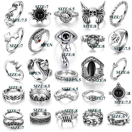 17IF 26-35 Pcs Vintage Silver Knuckle Ring Set for Women Men, Gothic Rings | Grunge Chunky Aesthetic Snake Stackable Adjustable Punk Bulky Finger Alt Fairy Skull Frog Heart Star Flower Midi Ring Pack - style: 26 Pcs