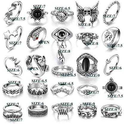 17IF 26-35 Pcs Vintage Silver Knuckle Ring Set for Women Men, Gothic Rings | Grunge Chunky Aesthetic Snake Stackable Adjustable Punk Bulky Finger Alt Fairy Skull Frog Heart Star Flower Midi Ring Pack - style: 26 Pcs