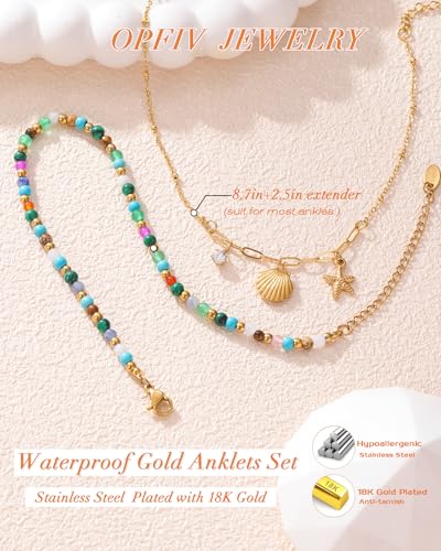 2/3 PCS Gold Anklets for Women Waterproof Boho Starfish, Seashell, Heart & Butterfly Charms Ankle Bracelets Non Tarnish Adjustable Layered Cuban Beaded Foot Chain Beach Jewelry for Summer Vacations - color: Gold Set 2