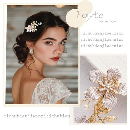 Foyte Bridal Flower Hair clip Pearl Wedding Hair Piece Gold Bride Leaf Barrettes Bridal Hair Accessories for Women and Brides