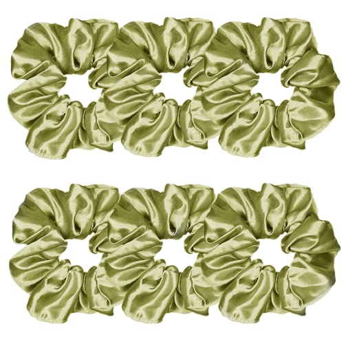 Sufermoe 6 Pcs Satin Silk Hair Scrunchies, Olive Green (4.5 Inch, Hair Ties, Hair Bands, Ponytail Holders, Hair Accessories for Women and Girls) - color: Olive Green
