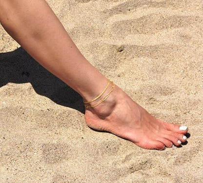 Freekiss Sparkle Glitter Waterproof Ankle Bracelets for Women Trendy | Dainty Layered Anklet for Women Adjustable Womens Anklet Set Stackable Beaded Cuban Link Anklets Beach Jewelry for Women - color: 2 Layered Anklet Paperclip-GD