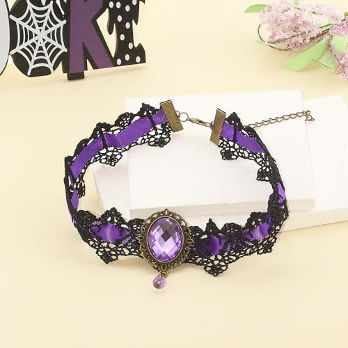 CSIYANJRY99 Gothic Choker Necklace for Women Halloween Red Crystal Vampire Choker Steampunk Lace Choker Witch Costume Accessories - style: Purple