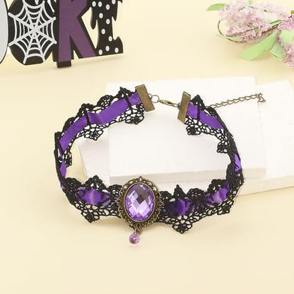 CSIYANJRY99 Gothic Choker Necklace for Women Halloween Red Crystal Vampire Choker Steampunk Lace Choker Witch Costume Accessories - style: Purple