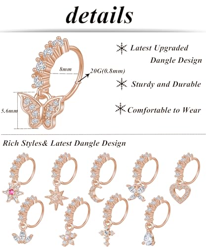 10Pcs Dangle Nose Rings Hoop Butterfly Heart Moon Flower Star CZ Cartilage Earring Dangling Nose Body Piercing Jewelry 20G Silver Rose Gold Black Tone - color: C:Rose Gold Tone