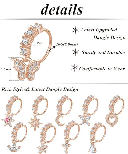 10Pcs Dangle Nose Rings Hoop Butterfly Heart Moon Flower Star CZ Cartilage Earring Dangling Nose Body Piercing Jewelry 20G Silver Rose Gold Black Tone - color: C:Rose Gold Tone