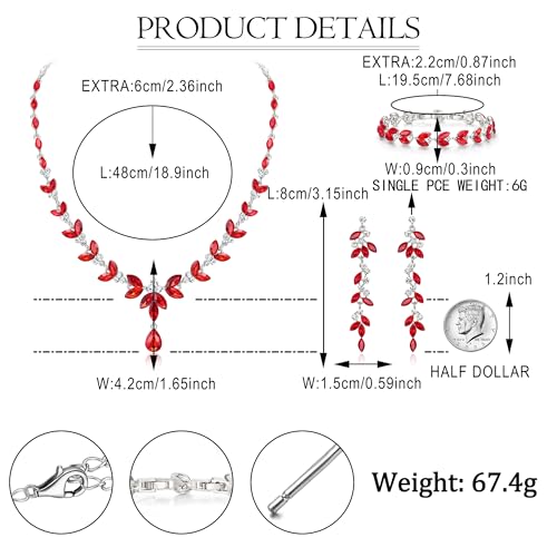 EVER FAITH Marquise Crystal Leaf Bridal Prom Jewelry Set for Women Bride | Rhinestone Wedding Party Necklace Dangle Earrings Tennis Bracelet, for Bridesmaid - color: Red