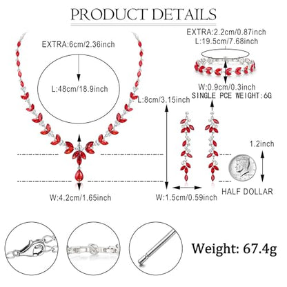 EVER FAITH Marquise Crystal Leaf Bridal Prom Jewelry Set for Women Bride | Rhinestone Wedding Party Necklace Dangle Earrings Tennis Bracelet, for Bridesmaid - color: Red