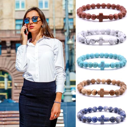 Beaded Bracelets Cross Bracelet for Women Men Lava Rock Turquoise Tiger Eye Natural Bracelet Anxiety Healing - color: 5Pcs-coloured cross