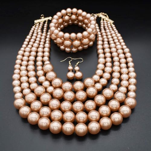 Faux Big Pearl Srand Necklaces for Women 5 Layers Pearls Choker Bib Collar Necklace Bracelet and Earrings set 1920s Costume Pearl Jewelry Bridal Wedding - color: champagne
