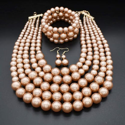 Faux Big Pearl Srand Necklaces for Women 5 Layers Pearls Choker Bib Collar Necklace Bracelet and Earrings set 1920s Costume Pearl Jewelry Bridal Wedding - color: champagne