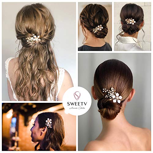 SWEETV Gold Bridal Hair Clip,Floral Bridal Hair Comb Barrette Flower Hair pieces for Brides Wedding - color: Gold-C