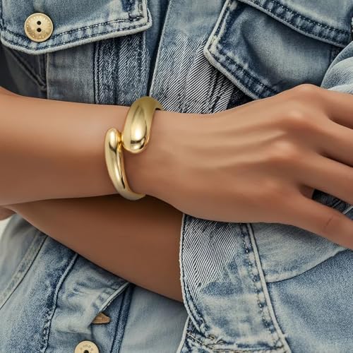 Emibele Cuff Bracelet Stack, 18K Gold-plated Open Bangle Bracelet, Teardrop Hinged Thick Wrist Chunky Bracelet Set for Women, Non Tarnish Jewelry Gift, 2 Pack - color: Gold Teardrop