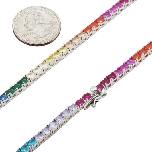 14k White Gold Plated AAA Cubic Zirconia 4mm Rainbow Tennis Chain Necklace Bracelet 7.5”-24” - size: 18"