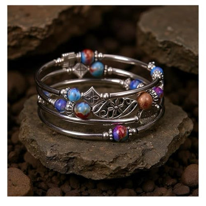 Boho Wrap Beaded Bracelet for Women – Handmade Natural Stone Jewelry – Stainless Steel Adjustable Ethnic Chic Gift - color: Emperor Jasper Stone