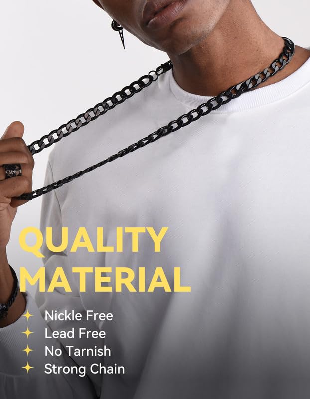 ChainsHouse Stainless Steel Cuban Link Chain Necklace for Mens Jewelry | 4mm/6mm/9mm/13mm Width Flat Cuban Chain, Black/14K Gold Plated Hip Hop Jewelry Mens Necklace 14"-30" Length with Gift Box - color: Black