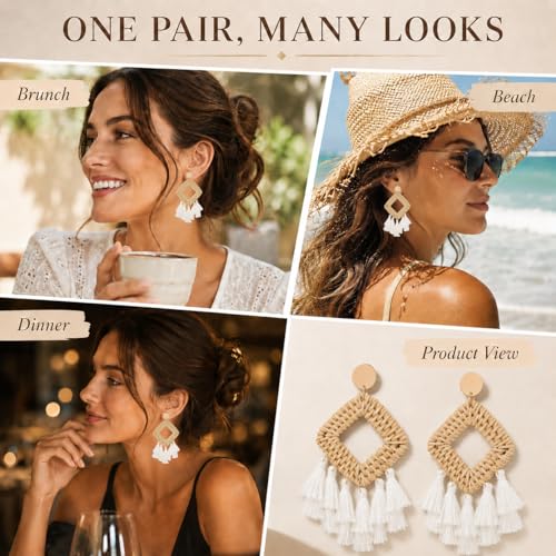 Handmade Raffia Rattan Bohemian Dangle Earrings for Women, Woven Rattan Round Drop Dangle Earrings Beach Jewelry - color: Tassel