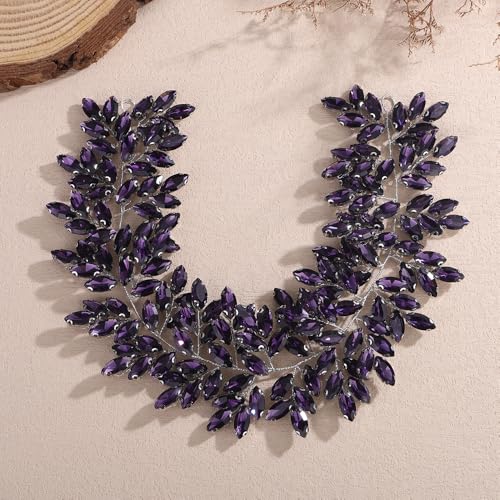 Missgrace Women Silver Green Black Red Blue Handmade Full Crystal Rhinestone Large Headband Hair Vine Shinny Headpiece Bridal Wedding Hair Accessories for Women (Purple) - color: Purple