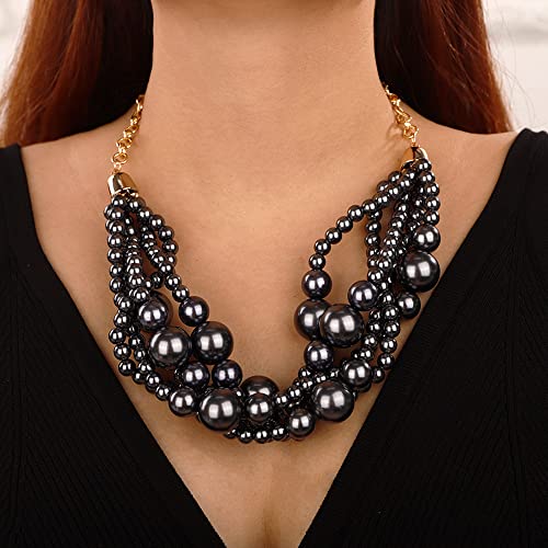 Wiwpar 2PCS Large Chunky Statement Faux Pearl Bib Choker Necklace and Earring Set for Party Wedding Ladies - color: black