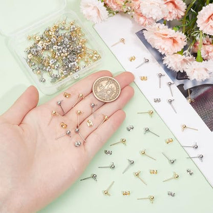 1 Box 200Pcs Ball Post Earring Studs Hypoallergenic Earring Posts Silver Stainless Steel Ear Stud with Butterfly Ear Back and Loop Connector Findings for Jewelry Making Supplies DIY - color: Gold, Stainless Steel Silver