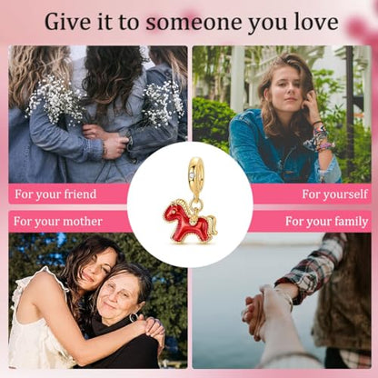 Hapour 925 Sterling Silver Charm for Bracelet Necklace Women Pendant Beads | Virgin Mary Charm, Religious Cross Heart Dragon European Jewelry Mom Charm - color: Golden Red Pony