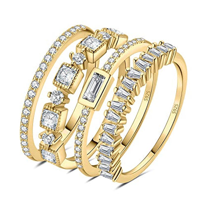 JewelryPalace Princess Emerald Cut CZ Stackable Wedding Ring Eternity Bands for Women, Cubic Zirconia 925 Sterling Silver 14k Yellow Rose Gold Plated Promise Ring for Her, 4pc Anniversary Ring Sets - color: E-4Pcs-Yellow Gold Plated