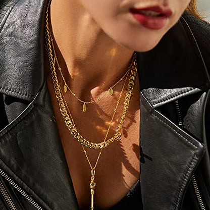 FRUMOS Dainty Layered Choker Necklace 18k gold Plated Y Pendant Commemorative coin Necklace Multilayer Bar Disc Necklace Adjustable Layering Choker Necklaces fashion jewelry for Women Girls - color: Gold leaf short chain