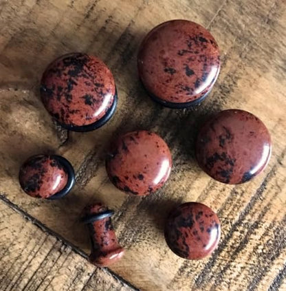 Pair Single Flare Mahogany Obsidian Stone Plugs Gauge Earlets Organic Pierced Body Jewelry - style: 5/8" (16mm)