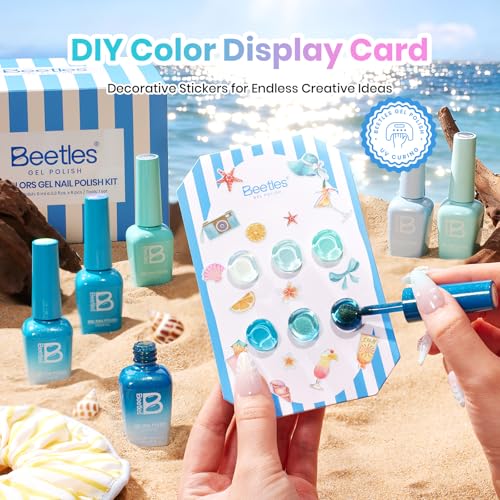Beetles Blue Gel Nail Polish Set, Summer Voyage Glitter & Cat Eye Effects | 6 Mint Green Gel Polish Colors with Nail Art Stickers&Scrunchie for Soak-Off Uv Manicure Kits And Gifts - color: Shore Light