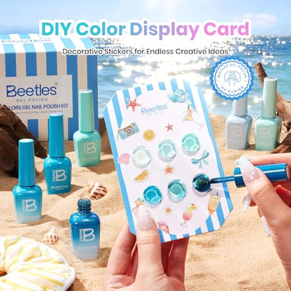 Beetles Blue Gel Nail Polish Set, Summer Voyage Glitter & Cat Eye Effects | 6 Mint Green Gel Polish Colors with Nail Art Stickers&Scrunchie for Soak-Off Uv Manicure Kits And Gifts - color: Shore Light