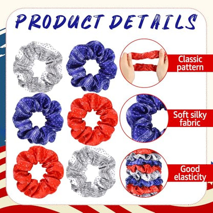 80 Pcs 4th of July Patriotic Satin Hair Scrunchies Red White Blue Paisley Silk Hair Ties Elastic Bands Ropes USA Ponytail Holders Ties for Women 250th Independence Day Party Supplies - style: Paisley