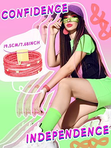 Hicarer 4 Pcs Jewelry Sets for Women Glitter Necklace and Earring Set Multi Layer Bracelet Costume Jewelry Sets for Bridal Shower Wedding - color: Hot Pink