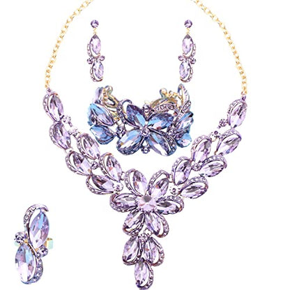 Jewelry Set for Women Rhinestone Austrian Crystal Statement Flower Necklace Link Bangle Bracelet Dangle Earrings Rings Allergy Free Wedding Party Jewelry Set for Bridal Bridesmaid - color: Violet-Gold Plated