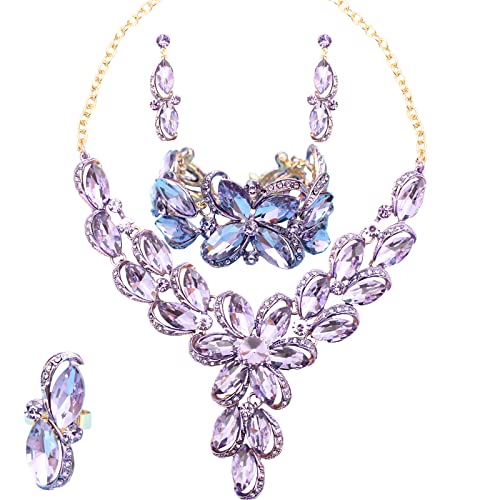 Jewelry Set for Women Rhinestone Austrian Crystal Statement Flower Necklace Link Bangle Bracelet Dangle Earrings Rings Allergy Free Wedding Party Jewelry Set for Bridal Bridesmaid - color: Violet-Gold Plated